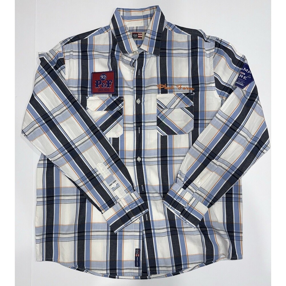 Phat Farm Large Plaid Blue & Orange Long Sleeve‎ Shirt 90's Y2K Hip Hop Retro.